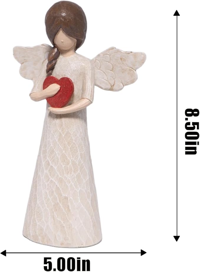 Hodao Angel Figurine with Heart — Wood-Carved Look Resin Christmas Decorations, Indoor Home Decor Ornaments, 8.5" Tall Guardian with Red Heart, Hand-Painted Figurines for Shelf, Mantel & Gift-Giving