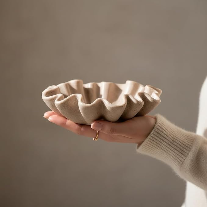 6" Small Handmade Decorative Bowl decor , Handicraft Scalloped Bowls for Modern Home Decor,Ruffle Decor,Key Bowl for Entry Table,Decorative Fruit Bowl for Kitchen Counter,Artificial Stone Beige