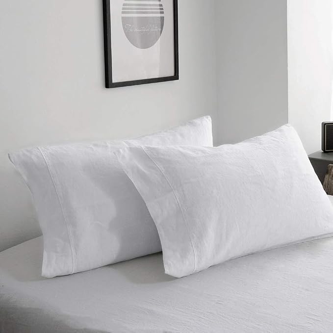 Simple&Opulence 100% French Linen Pillowcase King Size-Set of 2- Washed Solid Color Pillow Cases Embroidered -Soft and Durable (White, 20''x40'')