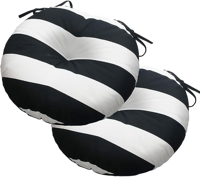 Magpie Fabrics Outdoor Round Bistro Seat Cushions with Ties, 15"x15"x4" Set of 2, Tufted Waterproof Barstool Chair Pads for Patio Home Garden Office, Black White