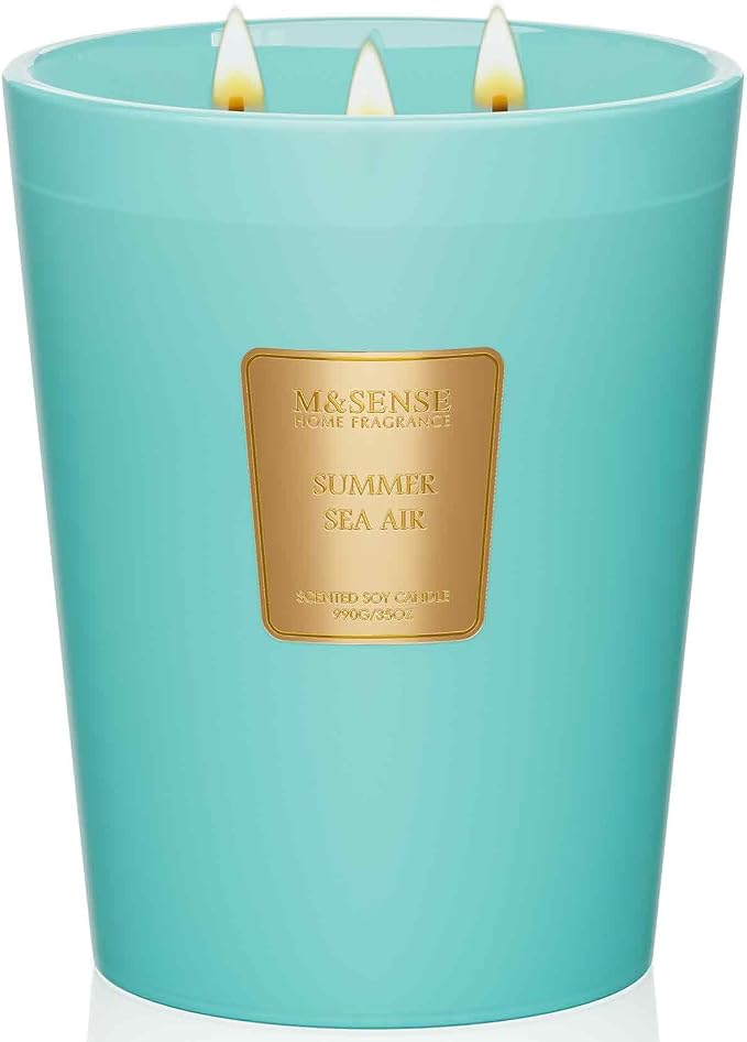 M&SENSE Summer Sea Air Soy Candle, 35oz 3-Wick, Summer Housewarming Gift | 150H Slow Burn, Non-Toxic, Large Jar, Coastal Home Fragrance, Summer Relaxing, Stress Relief