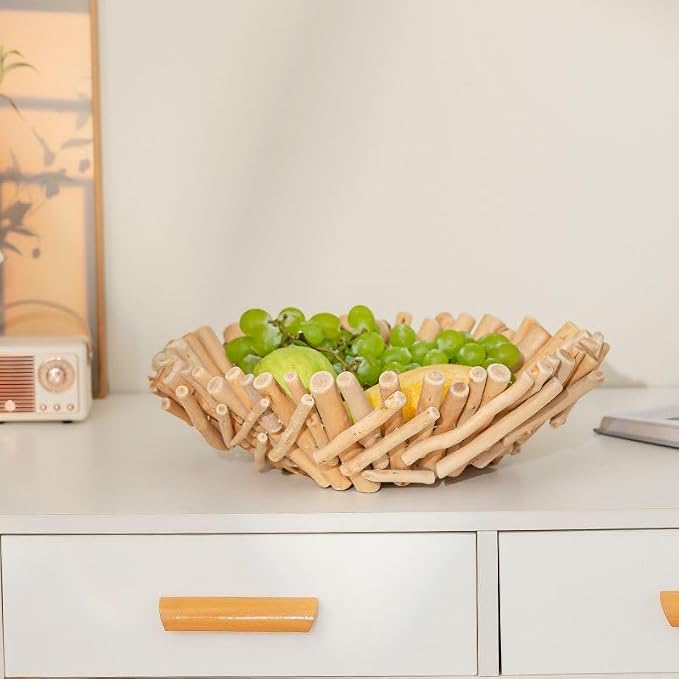 RISEON Natural Handmade Rustic Wooden Bowl, Decorative Driftwood Bowl, Natural Wood Centerpiece Driftwood Tray Basket Home Decor, 14.17 x 14.17 inches