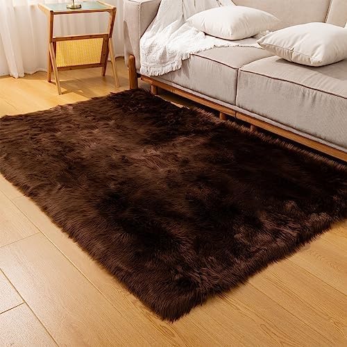 Faux Fur Rug Coffee Sheepskin Area Rug,Ultra Soft 4x6 ft Rectangular Shaggy Plush Rug for Bedroom Sofa Floor Bedside Living Room Kids Room