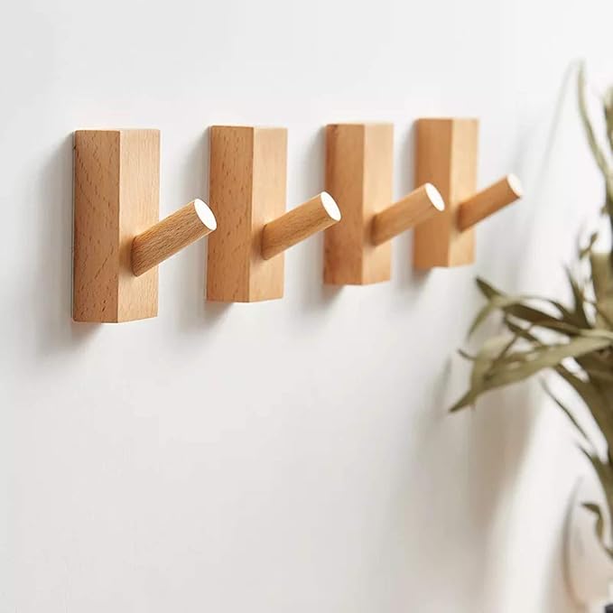 HomeDo Wall Hooks Hat Rack, Wooden Coat Hooks Wall Mounted, Decorative Hooks Single Organizer Hat Hanger Towel Rack, Heavy Duty Hooks (Rectangle-Beech,10P)
