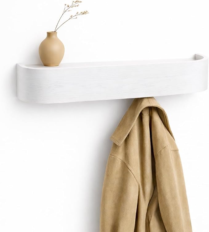 MTZ Solid Wooden Wall Mounted Coat Rack with Shelf & 5 Hidden Hooks – Modern Entryway Coat Hanger, Wood Coat Rack for Jackets, Bags & Keys, Minimalist Wall Hook Rack (White)