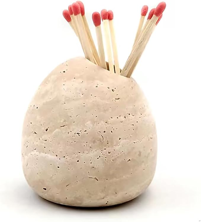 Marble Taper Candle Holder,Travertine Stone Candlestick Holder, Beige,Match Holder