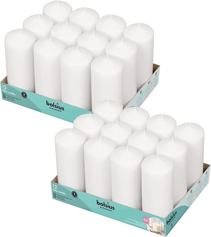 BOLSIUS White Pillar Candles - 2.7 x 6.7 Inches - 2 Packs = Total 24 Candles - 62+ Hours - Premium European Quality - Consistent Smokeless Flame - Unscented Dripless Pillars