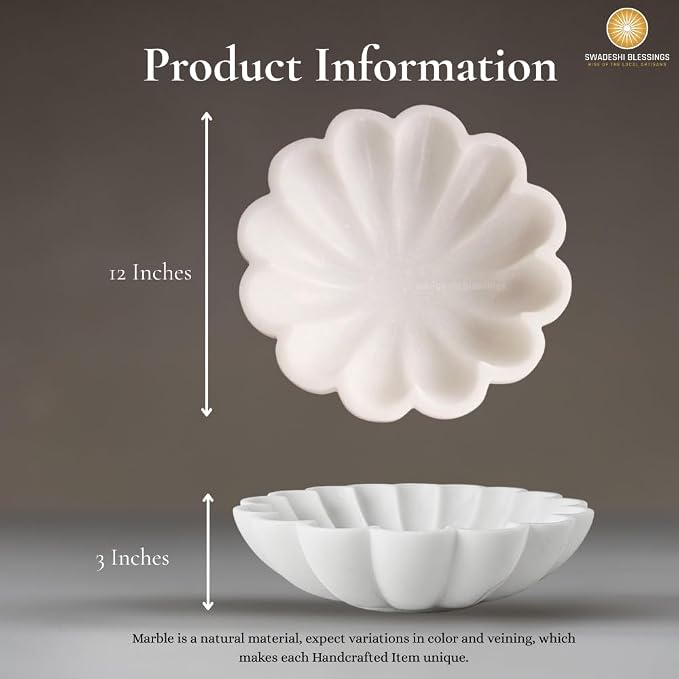 SWADESHI BLESSINGS HandCrafted Marble Decorative Bowl | White Ruffle Scalloped Fluted Key/Fruit Ring Dish | Organic Modern Home Decor (12 Inches)