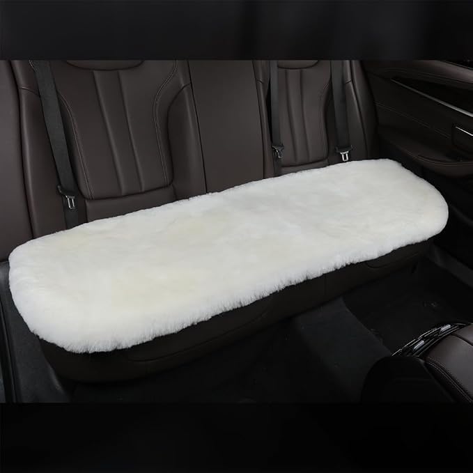 OGLAND Fuzzy Genuine Sheepskin Car Rear Seat Cover for Kids Dogs Pets Auto Bench Back Cushion Interior Accessories with Soft Fluffy Wool Natural Fur, White