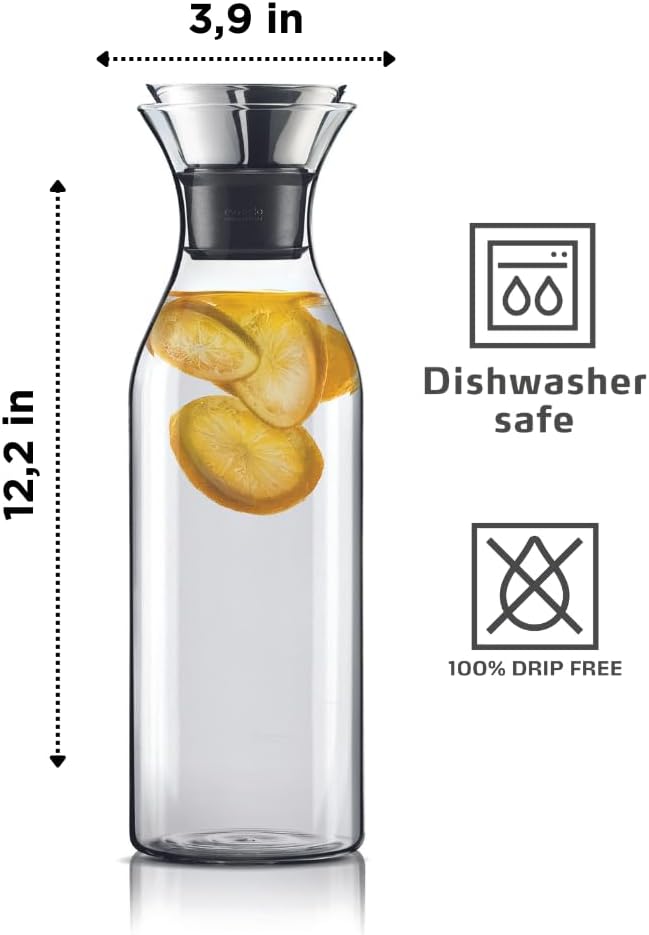 EVA SOLO | Fridge Carafe 1.4L | For Hot & Cold Drinks | 100% drip-free | Dishwasher-safe Borosilicate Glass | Stainless steel & Silicone Pouring Lip | Fits Most Refrigerator Doors | Danish Design