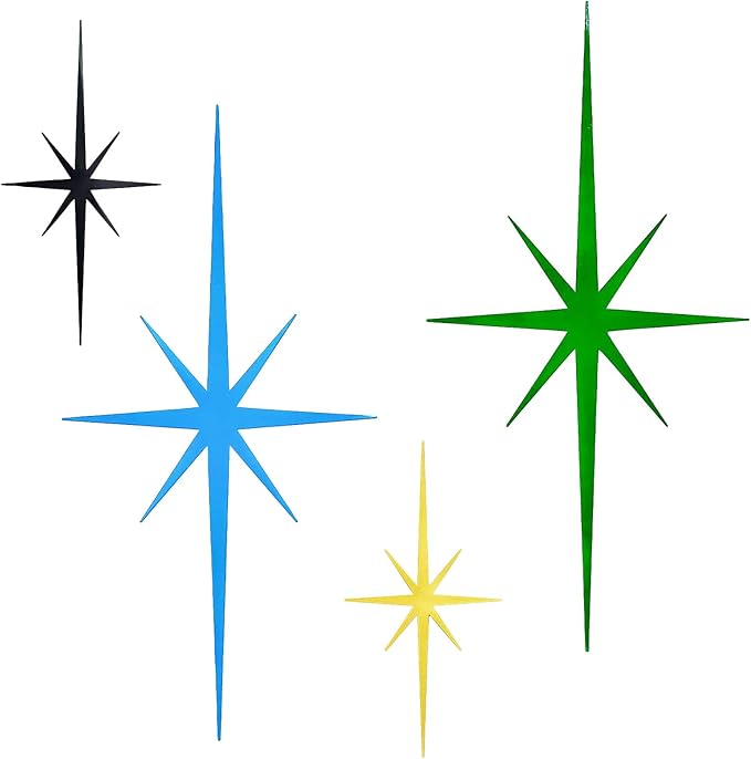 4 Pack Metal Star Wall Art 8 Pointed Starburst Wall Decor Set with 2 Large & 2 Small Pieces Mid Century Celestial Metal Wall Sculpture for Bedroom Living Room Office Gallery Wall