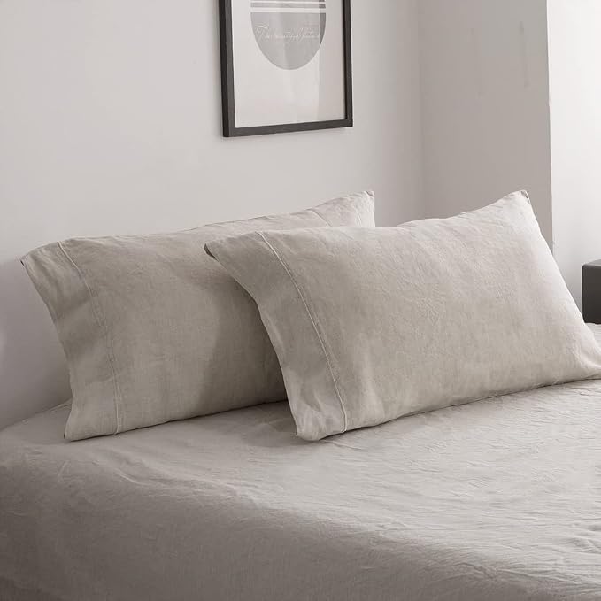 Simple&Opulence 100% French Linen Pillowcase King Size-Set of 2- Washed Solid Color Pillow Cases Embroidered -Soft and Durable (Linen, 20''x40'')