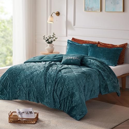Intelligent Design Twin Duvet Cover Set, Velvet Twin Duvet Set, Luxury Diamond Quilting Teal Duvet Cover, Fluffy Duvet Cover with Decorative Pillow and 1 Sham, 3 Pieces, Teal, Twin/Twin XL