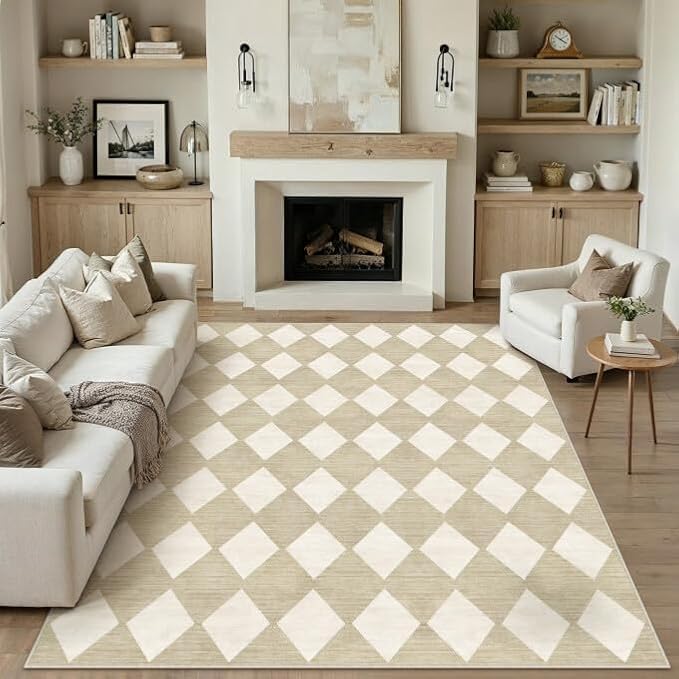 PureCozy Machine Washable Beige 9x12 Area Rugs for Living Room Modern Soft Large Checkered Rug Non-Slip Low Pile Accent Indoor Office Carpet for Bedroom Dining Room Nursery Classroom