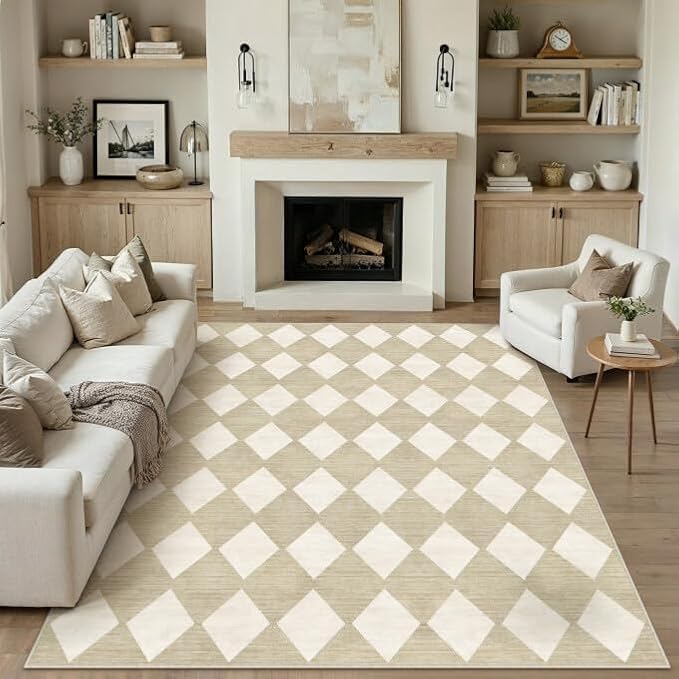 PureCozy Machine Washable Beige 8x10 Area Rugs for Living Room Modern Soft Large Checkered Rug Non-Slip Low Pile Accent Indoor Office Carpet for Bedroom Dining Room Nursery Classroom
