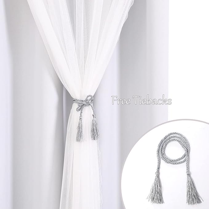 Greyish White Blackout Curtains Set - Double Layers Voile Sheer Light Blocking Draperies with Tie-Backs for Bedroom Windows, 52 x 63 inches, Greyish White, 2 Pieces