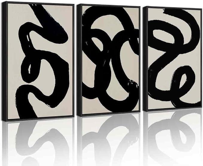 PHOPAGO Black Abstract Modern Framed Wall Art Large 16x24in Ink Wash Minimalist Thick Black Lines Paints Artwork Bedroom Living Room Home Decor - Black Framed