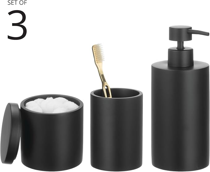 mDesign Resin 3-Piece Bathroom Vanity Countertop Accessories - Soap Dispenser, Tumbler Rinsing Cup, and Canister Holder Sets - Complete Modern Counter Aesthetic - Set of 3 - Black