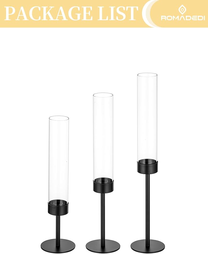 Romadedi Black Candlestick Holders Hurricane - Metal Taper Candle Holder Tall Windproof Glass Cylinder for Indoor Outdoor Table Centerpiece Christmas Halloween Modern Home Decor Set of 3