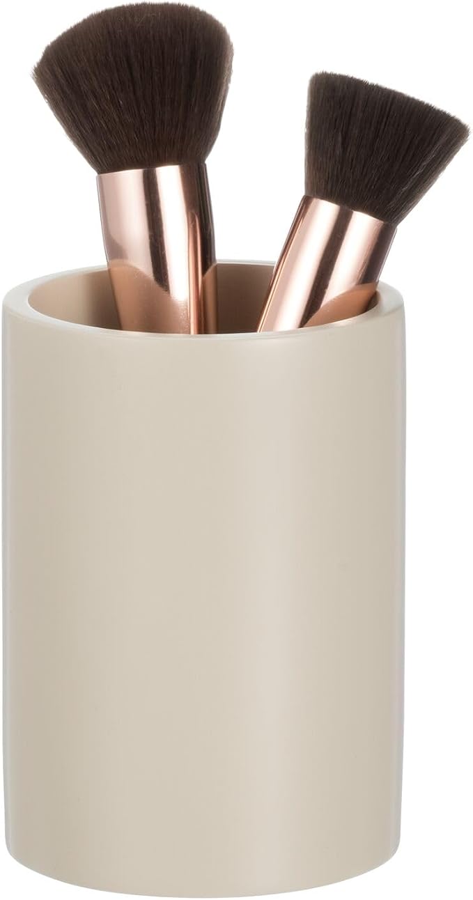 mDesign Resin 3-Piece Bathroom Vanity Countertop Accessories - Soap Dispenser, Tumbler Rinsing Cup, and Canister Holder Sets - Complete Modern Counter Aesthetic - Set of 3 - Taupe/Beige