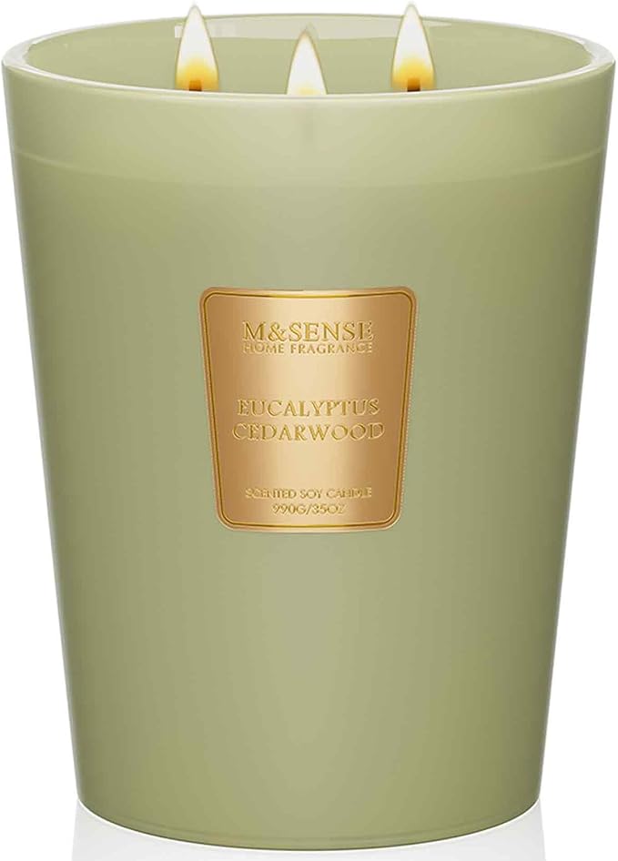 M&SENSE Eucalyptus Cedarwood Soy Candle, 35oz 3-Wick, Woody Relaxing Spa | 150H Long Burn, Non-Toxic, Large Candles, Bathroom Relaxation, Meditation, Stress Relief, Calming Home Fragrance