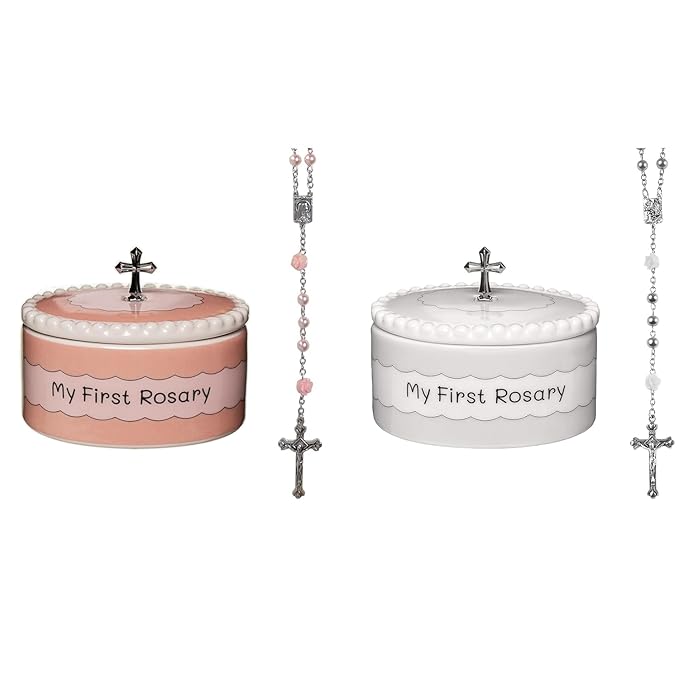 My First Rosary and Keepsake Box Set White and Pink – Catholic Baptism Gifts for Boys, Blessed First Communion Gifts for Boys or Girl, Christening from Godparents