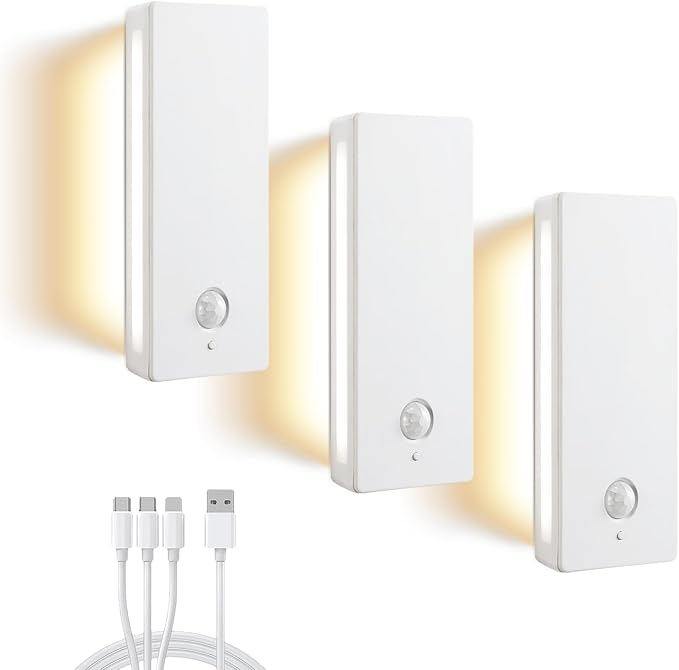 Rechargeable Battery Night Light with Motion Sensor, Cordless Battery-Powered Stick-on Magnet Toilet Lights, Soft Two-Sided Glow, 3CCT Dimmable, for Bedroom, Closet, Stairs, 3 Pack