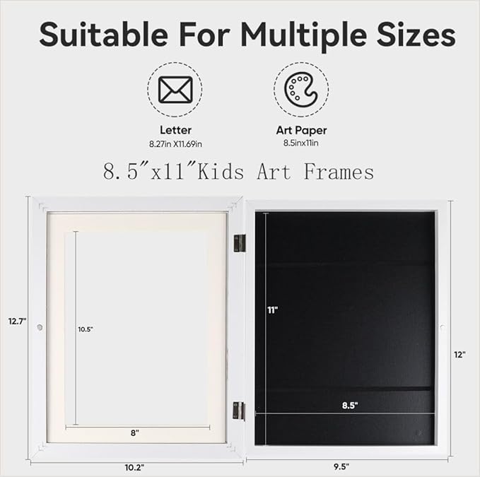 2-Pack Kids Art Frames - Changeable, 8.5x11 White Rows Picture Frame for Kids Artwork That Open,Display Children Art Projects,With Storage (White)