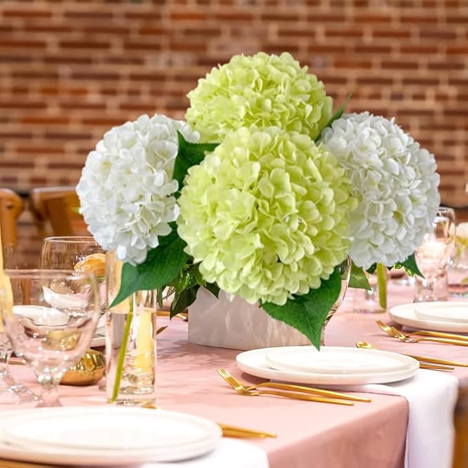 JINWOE Light Green Hydrangea Artificial Flowers, 4Pcs 22" Large Lifelike Faux Silk Flowers, Full Artificial Hydrangeas for Bouquet Table Centerpieces Indoor Spring Outdoor Home