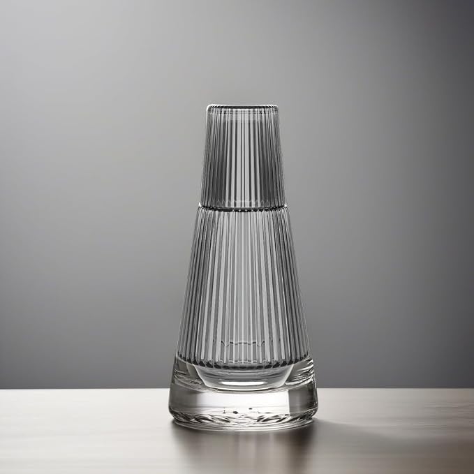 American Atelier 37 oz Vintage Bedside Water Carafe with Tumbler – 9.25" Ribbed Glass Pitcher with Cup Lid for Bedroom, Guest Room, Office, Vanity, Decorative & Practical Drinkware (Gray)