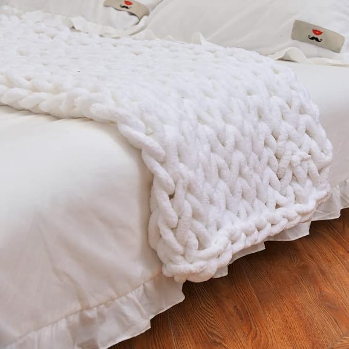 Soft Chunky Knit Throw Blanket for Couch, Cozy Warm Knitted Blankets | Hand Knit with Jumbo Chenille, Lightweight Warm Fluffy Decor for Women, Mom, Her & Girls, Sofa, Chair, Bed, 48"×71" (White)