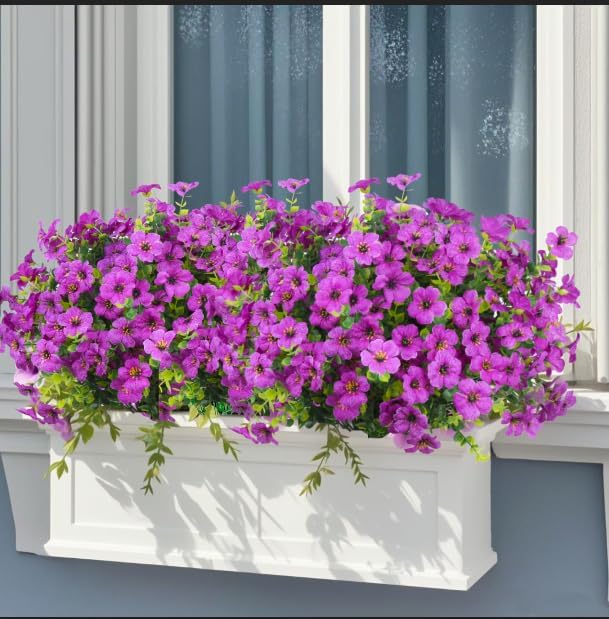 Ouddy Decor 12 Bundles Artificial Flowers for Outdoors Fake Silk Flowers UV Resistant Faux Plastic Plants for Spring Summer Garden Porch Window Box Table Vase Home Indoor Outdoor Decoration, Purple