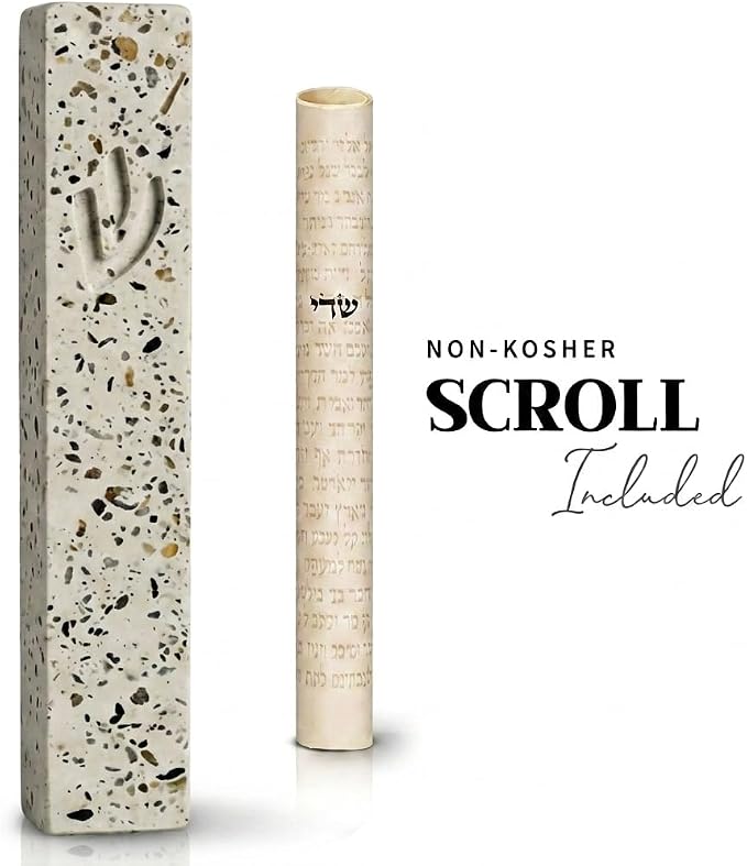 SURI Mezuzah for Door – 7 Inch Terrazzo Pink Concrete Mezuzah Case with Non Kosher Scroll, Self-Stick Jewish Entry Design, Fits a 6 Inch Scroll, Gift Box Included