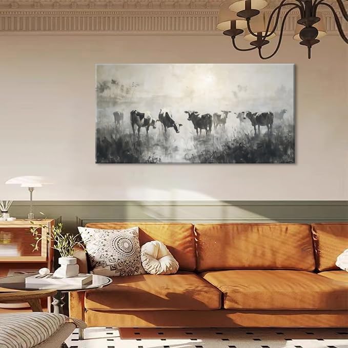 LASMOND Black and White Cow Wall Art for Living Room Ink Wash Canvas Painting Prints Morning Cattle Vintage Country Farmhouse Artwork Bedroom Office Decor (46x23 Inches)