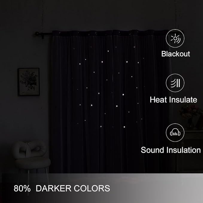 FANLI Ombre Rainbow Blackout Curtains for Kid Girls Bedroom Living Room Darking Stripe Double Layer Star Cut Out Wall Home Decor Gradient Grommet Window Curtains (Purple 63L)