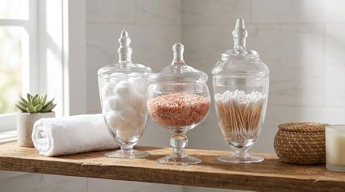 Elements Clear Glass Apothecary Jars with Lids, Set of 3 - Decorative Storage Jars for Home, Kitchen, Bathroom - 10, 9.5, 8.5 Inch Handcrafted Display Jar Set