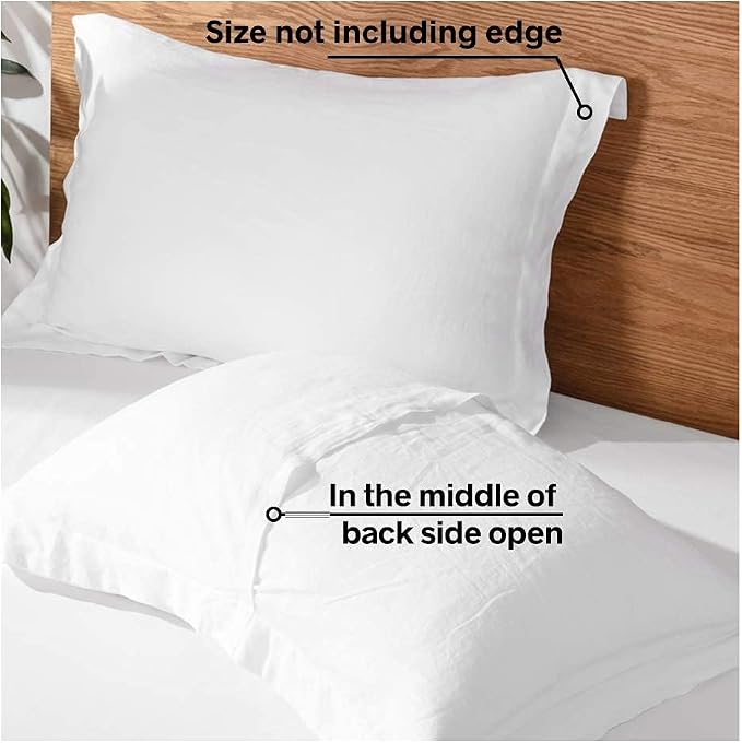 100% French Linen Pillow Shams Basic Style - Pack of 2 - Washed Solid Color Natural Flax Soft Breathable - White, 20'' x 36''