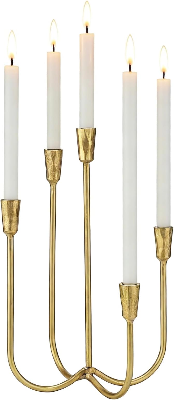 Elegant Gold 5-Candle Candelabra, 16.93 Inch Tall Cast Iron, American Vintage Taper Candle Holder with Antique Finish, Perfect Centerpiece for Dining, Living Room & Fireplace Decor