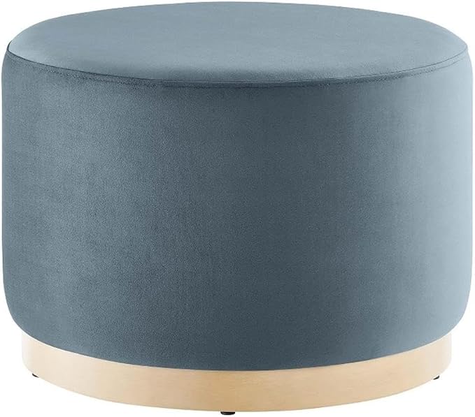 Modway Tilden 23 Inch Round Performance Velvet Upholstered Ottoman in Cadet Blue Natural - Round Ottoman Foot Rest with Rubberwood Plinth Base - Living Room Ottoman Side Table or Ottoman Coffee Table