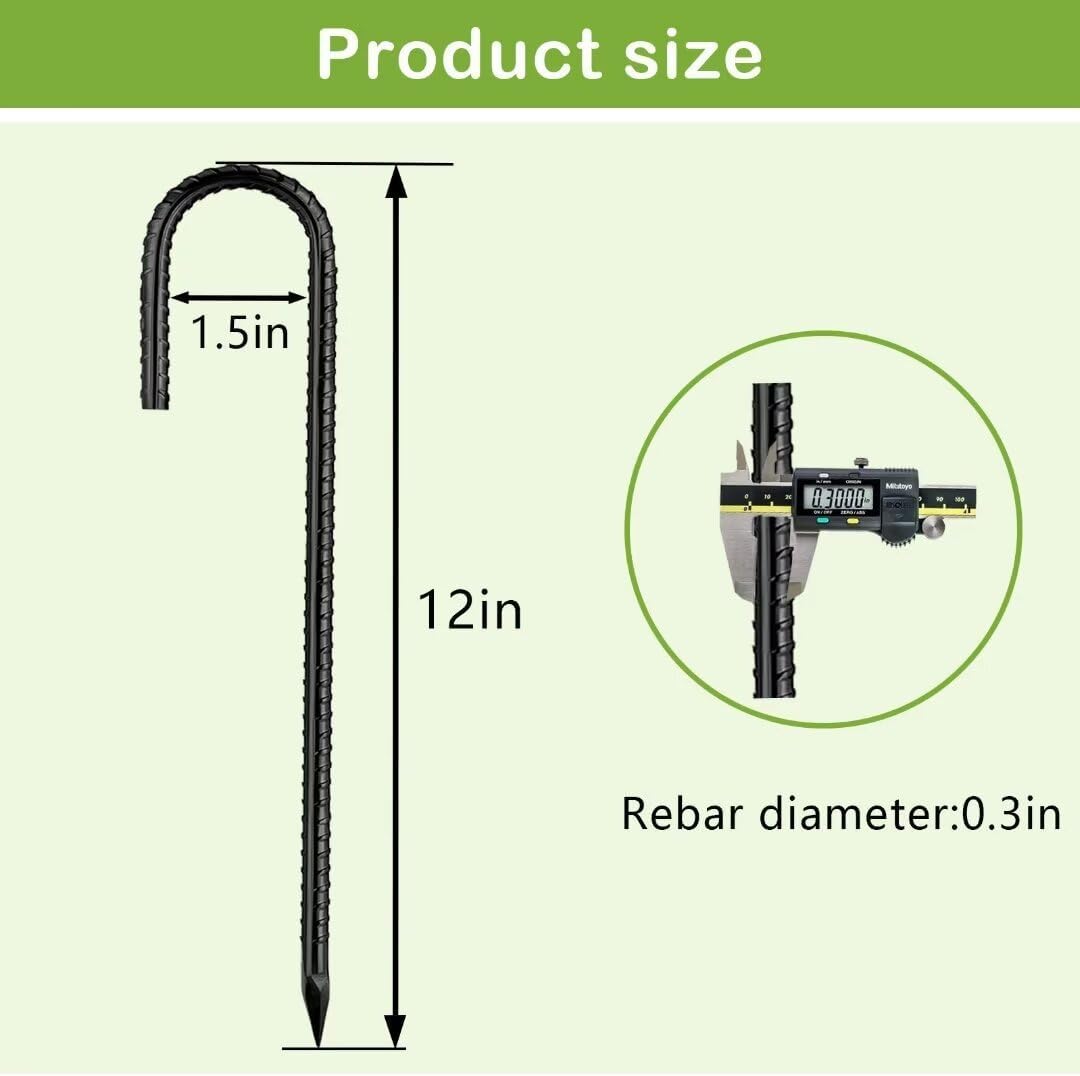 Ground-Stakes-Heavy-Duty-12 inch, J-Hook Rebar Stakes Black Coated Anti-Rust 6pcs Garden Stakes Metal Ground Anchors for Garden Dog Fence Chicken Coop Christmas Decorations Deer Fence