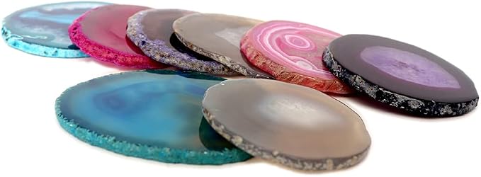 Natural Agate Coasters Set of 4, Medium 3.5-4" Brown Geode Stone Slices for Coffee Mugs, Tea Cups & Wine Glasses, Crystal Tabletop Protection with Rubber Bumpers