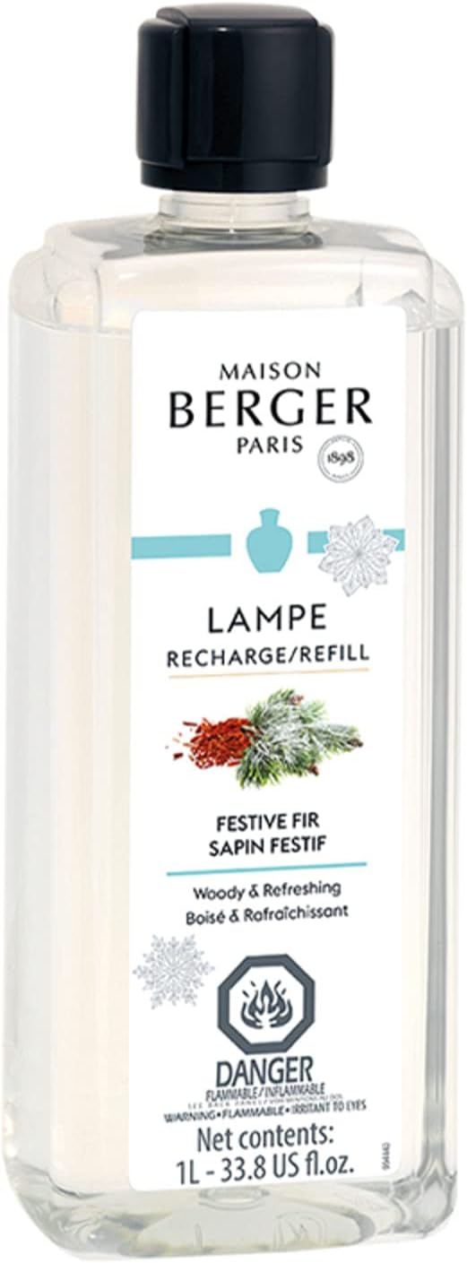 Maison Berger Festive Fir Lampe Berger Refill, 1 Liter (33.8 fl oz), 2-in-1 Catalytic System, Neutralizes Odors and Diffuses Fragrance, Pine Needles, Green Notes, Clean Notes, Pine, Made in France