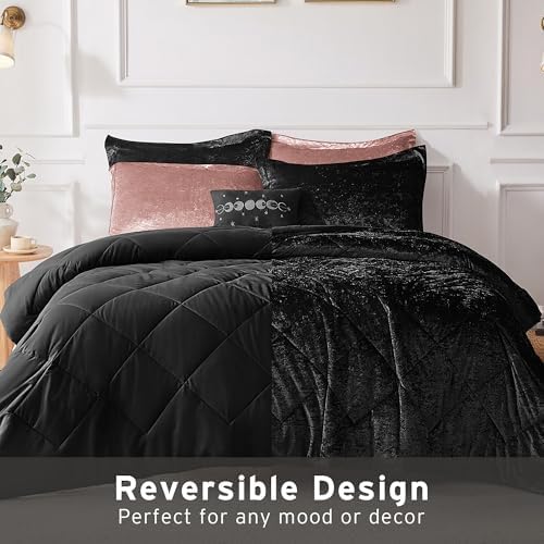 Intelligent Design Queen Duvet Cover Set, Velvet Queen Duvet Set, Luxury Diamond Quilting Black Duvet Cover, Fluffy Duvet Cover with Decorative Pillow and 2 Shams, 4 Pieces, Black, Full/Queen