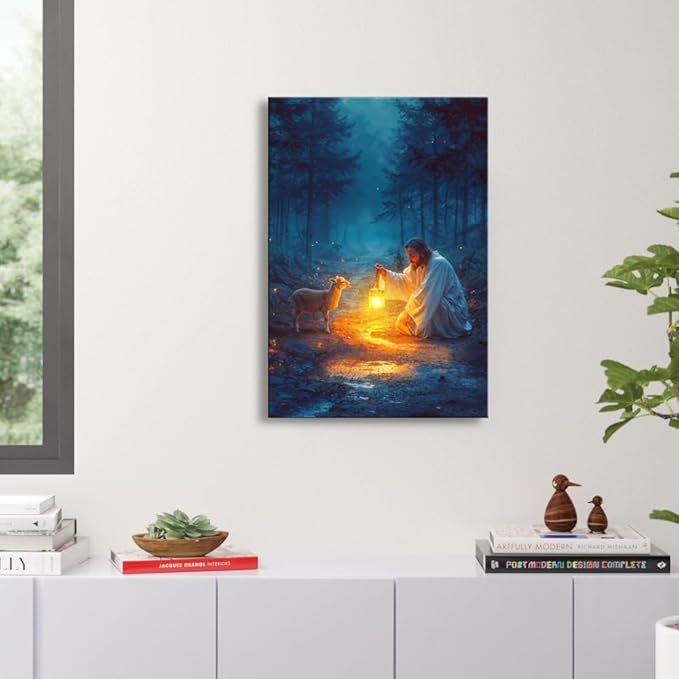 Ploceiny Christian gifts for women Religious wall art decorations for prayer room Jesus Running After Lost Lamb Picture Jesus and lamb canvas posters for home decor A-391 (16"X24")