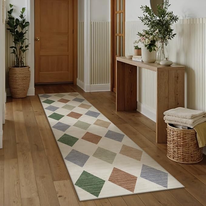 PureCozy Checkered 2x8 Runner Rug for Hallways Machine Washable Long Carpet Non-Slip Low Pile Modern Soft Indoor Accent Throw Rugs for Entrance Kitchen Bedroom Dining Laundry