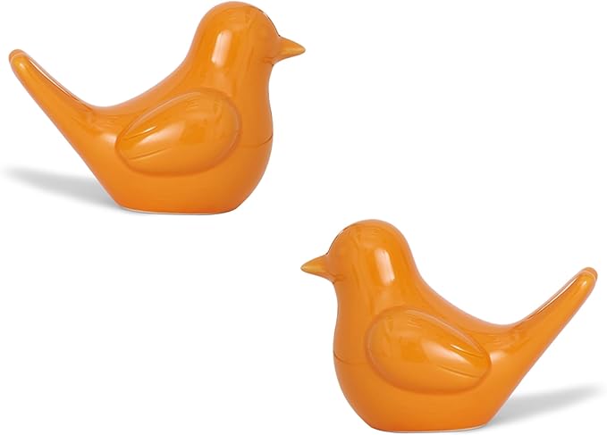Small Orange Bird Statue Ceramic 2-Piece Set, 3¾ inch Cute Knick Knack for Home Office Shelf Desk Decor