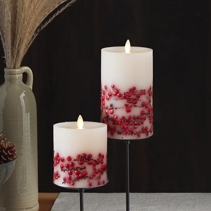 Luminara Embedded Flameless LED Candle - Red Berry 3.5" x 6.5" - Moving Flame Pillar Battery Operated Timer, Real Wax Unscented, Safe