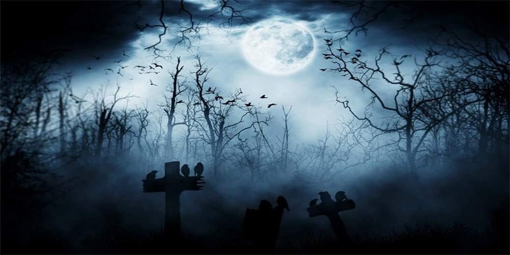 AOFOTO 20x10ft Moon Night Halloween Cemetery Photography Backdrop Flying Bats Birds Stand on Gravestone Cross Graveyard in Dark Forest Photo Background Cloth Vinyl Wallpaper Photo Studio Props