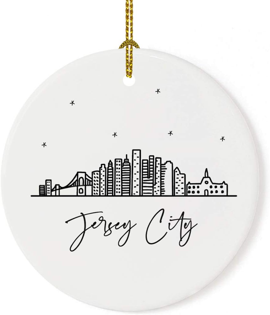 Andaz Press Round Ceramic Porcelain Christmas Tree Ornament Keepsake Gift, Jersey City, Black and White Stars City Skyline Graphic, 1-Pack, Birthday Ideas Family Coworker Him Her, Includes Gift Box