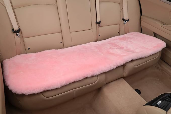 OGLAND Fuzzy Genuine Sheepskin Car Rear Seat Cover for Women Kids Dogs Pets Auto Bench Back Cushion Interior Accessories with Soft Fluffy Wool Natural Fur, Pink